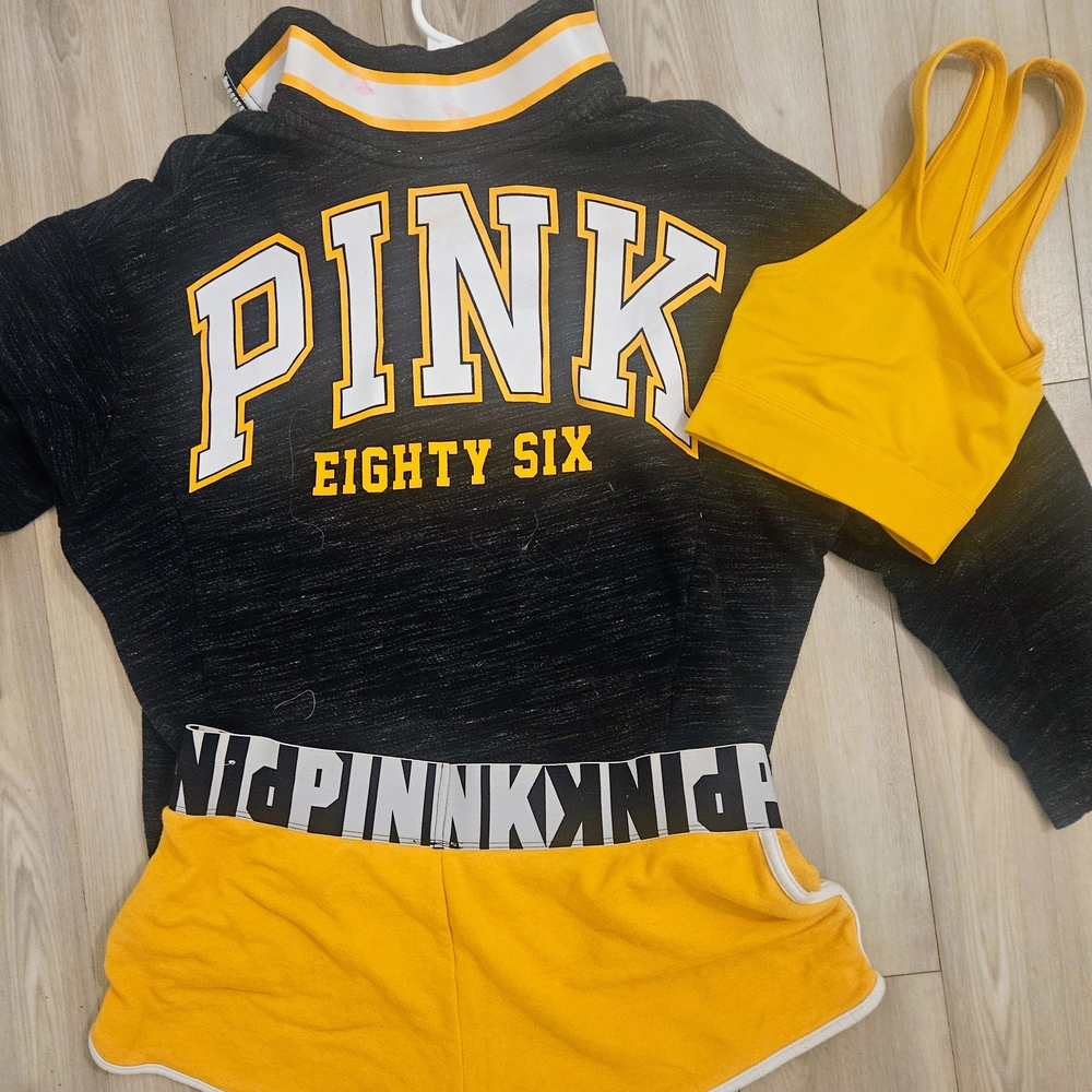 PINK Black and Yellow Hoodie and Shorts Set